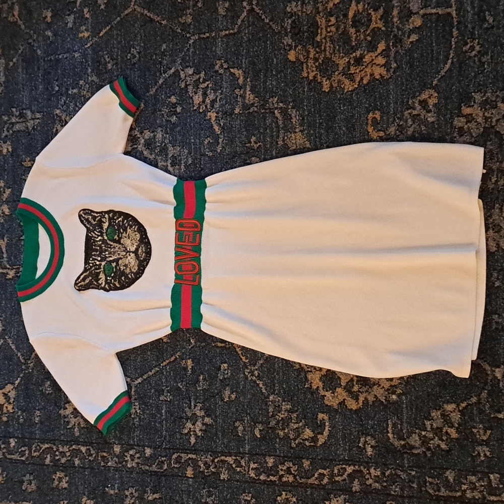 SEQUINED GREEN EYED CAT DRESS RED N GREEN TRIM